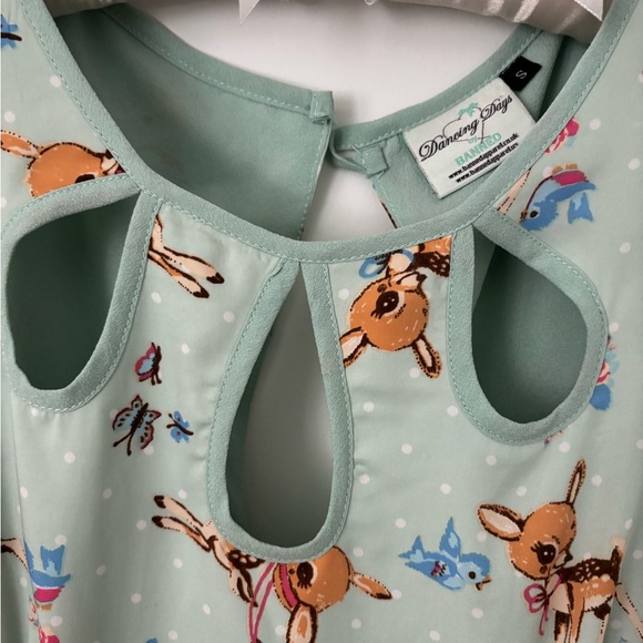 Adorable Mint Green Banned Bambi Deer Blue Bird 50s Retro Style Dress. S - Picture 6 of 10
